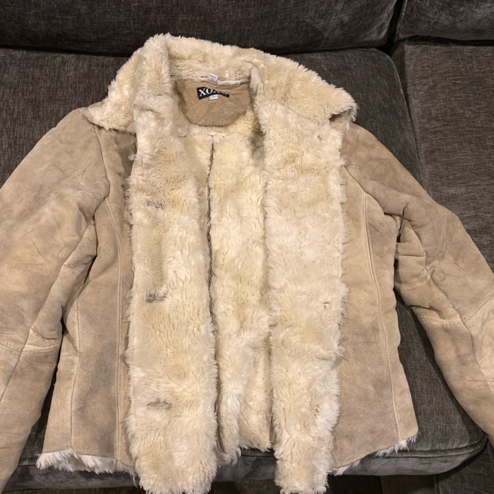 XOXO Tan Leather Jacket with Cream Faux Fur